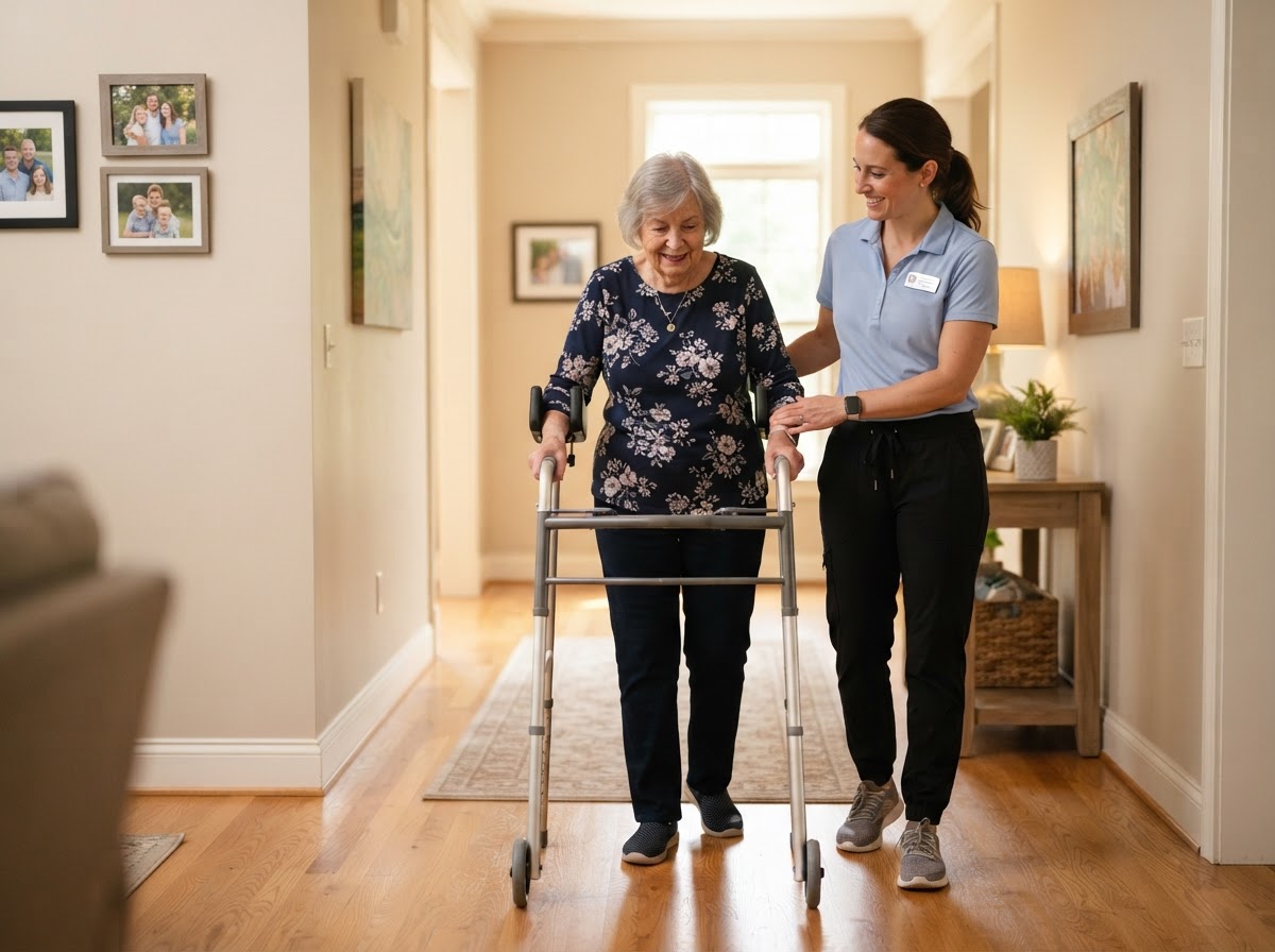 Physical therapist supporting an older adult woman as she practices safe walking with a walker during an in-home physical therapy visit after a fracture
