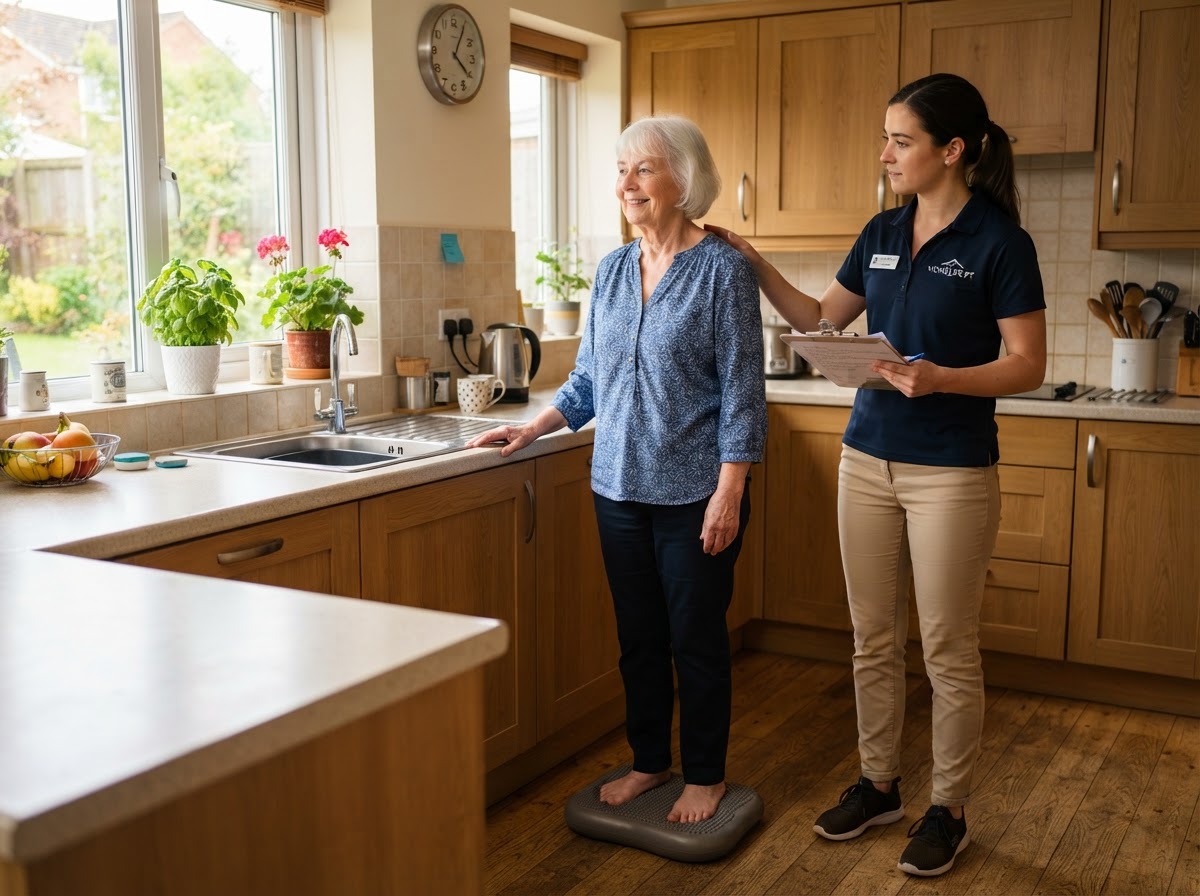 Physical therapist helping an older adult man practice functional walking with a walker during an in-home visit after a stroke
