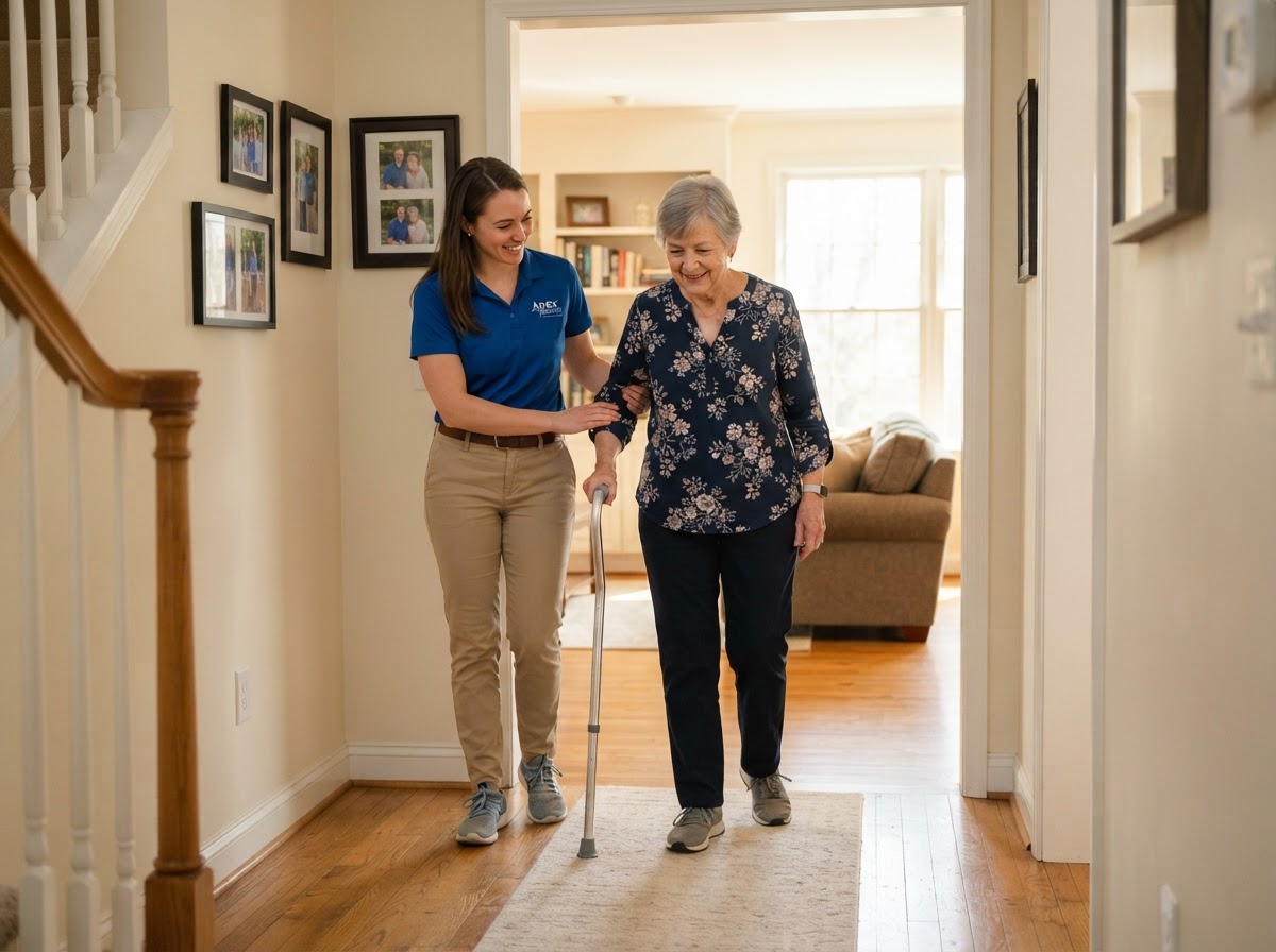 Physical therapist supporting an older adult as she practices walking with a cane and navigating a turn in a hallway during an in-home balance and gait therapy visit