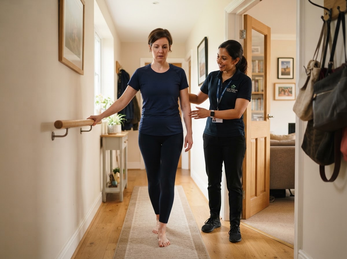 Physical therapist guiding an older adult woman through controlled balance and slow head-movement exercises near a kitchen counter during an in-home vestibular physical therapy visit