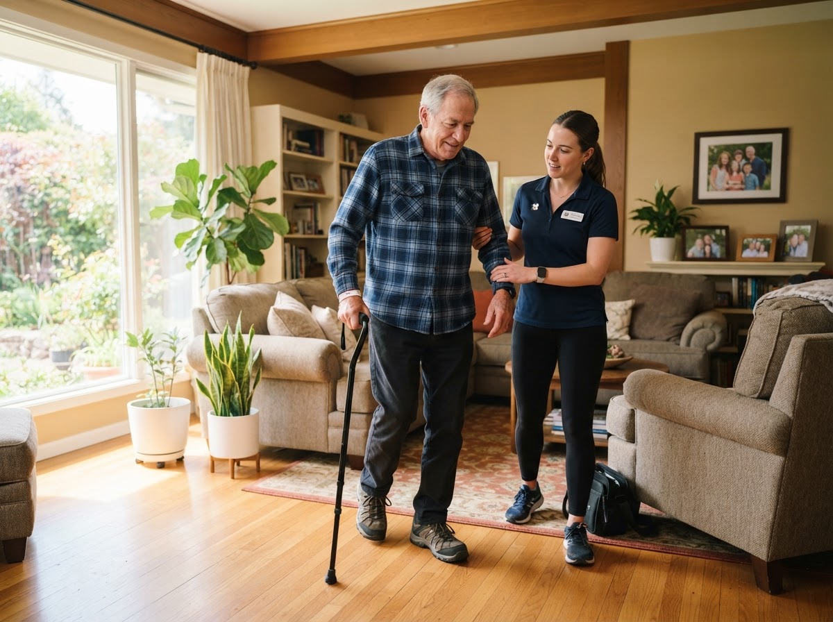 Physical therapist guiding an older adult through walking and turning practice during an in-home Parkinson's physical therapy session