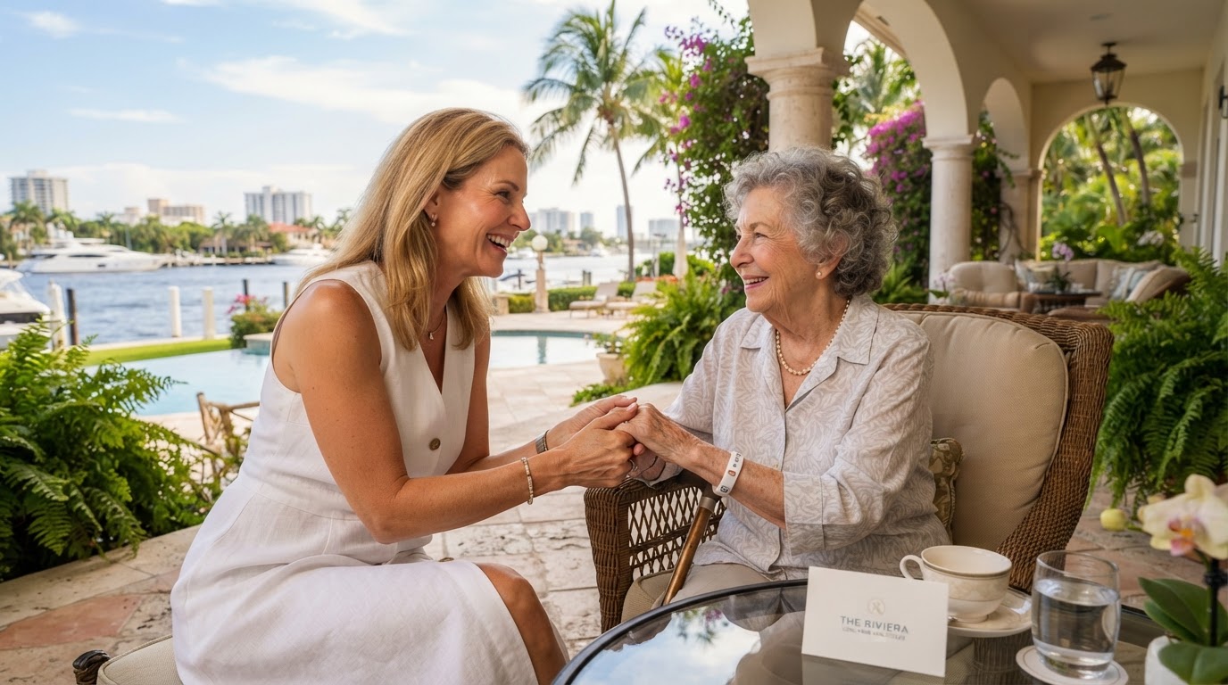 Adult child holding hands with senior mother in South Florida
