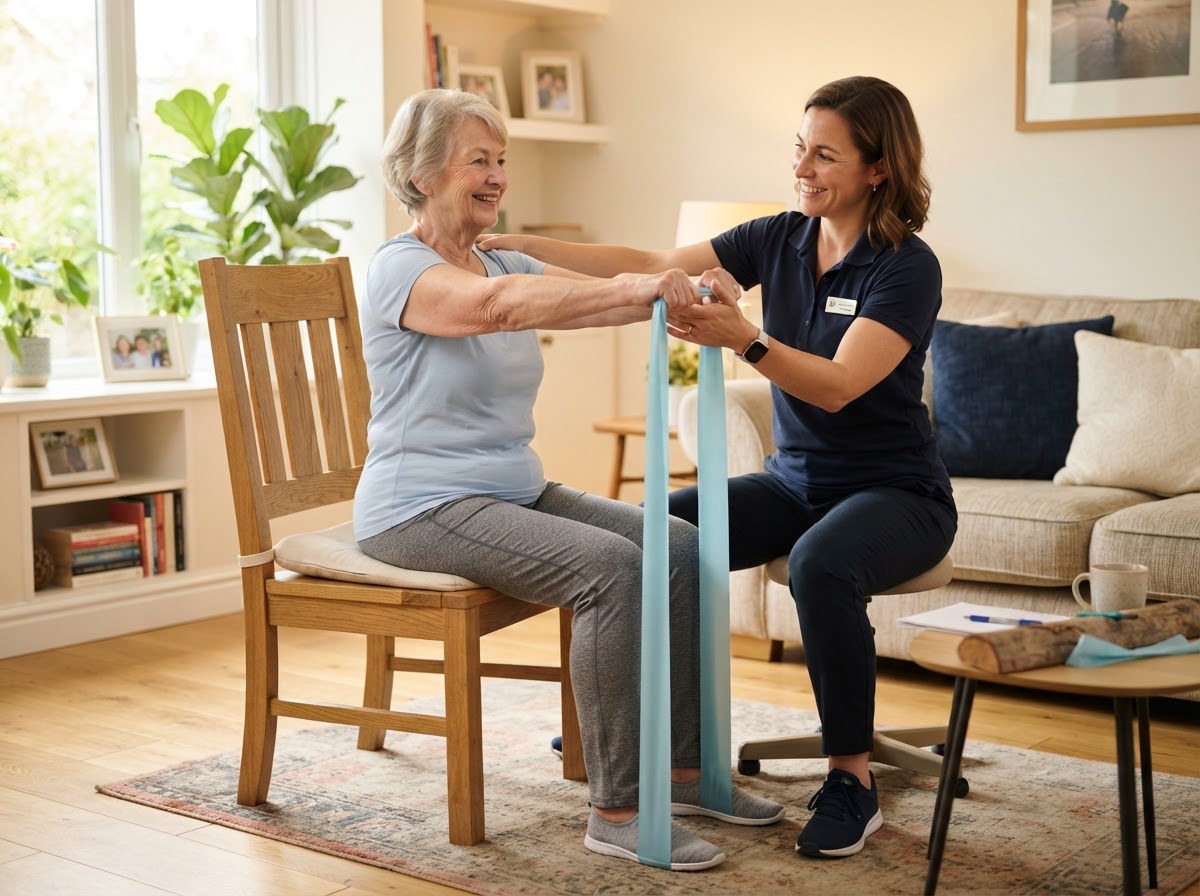 Physical therapist guiding an older adult woman through gentle seated strength and balance exercises during an in-home physical therapy visit for osteoporosis