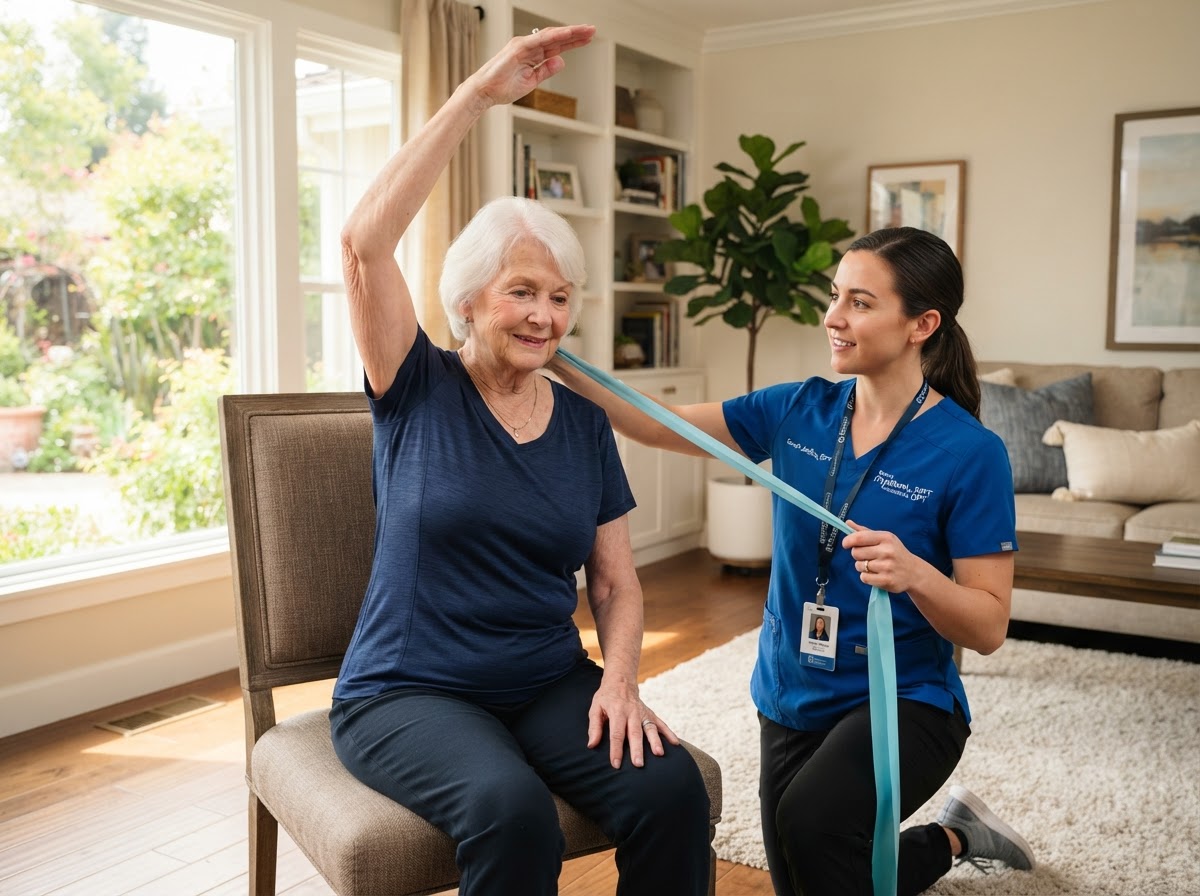Physical therapist helping an older adult woman practice reaching overhead and shoulder mobility at home for shoulder pain