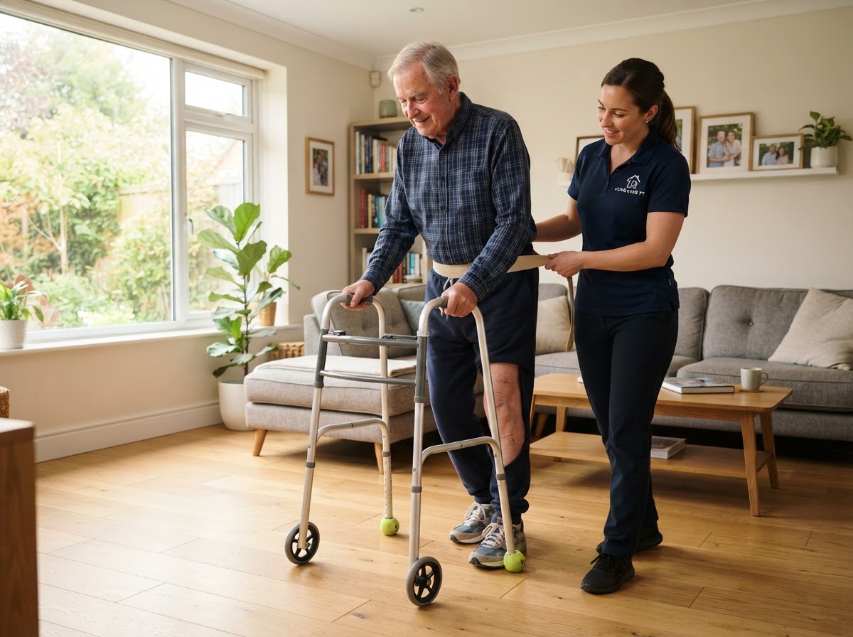 Physical therapist helping an older adult man practice walking with a walker at home after hip replacement surgery