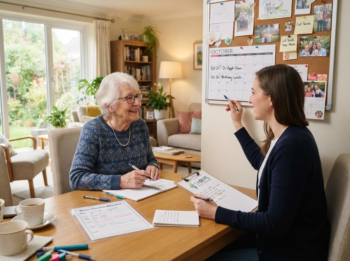 Speech-language pathologist helping an older adult review a wall calendar and written reminders during an in-home cognitive-communication therapy visit