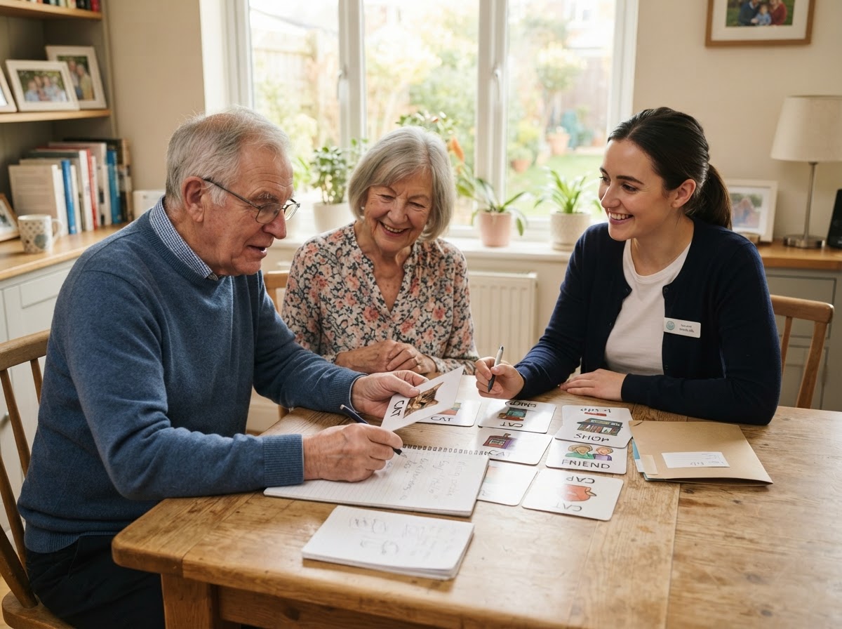 Speech-language pathologist working with an older adult and spouse on aphasia communication using conversation cards at a kitchen table during an in-home visit