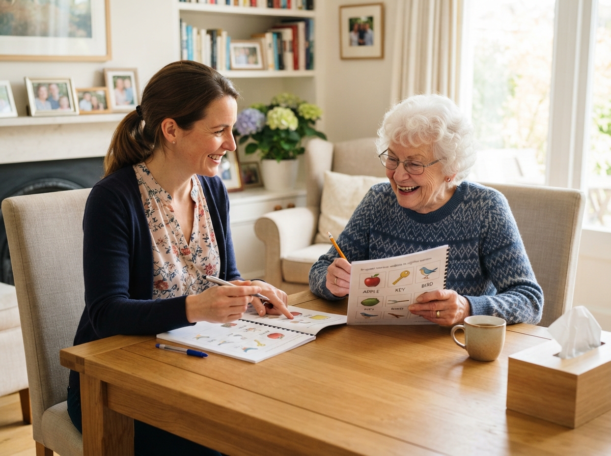 Compassionate speech therapist conducting one on one communication session with senior