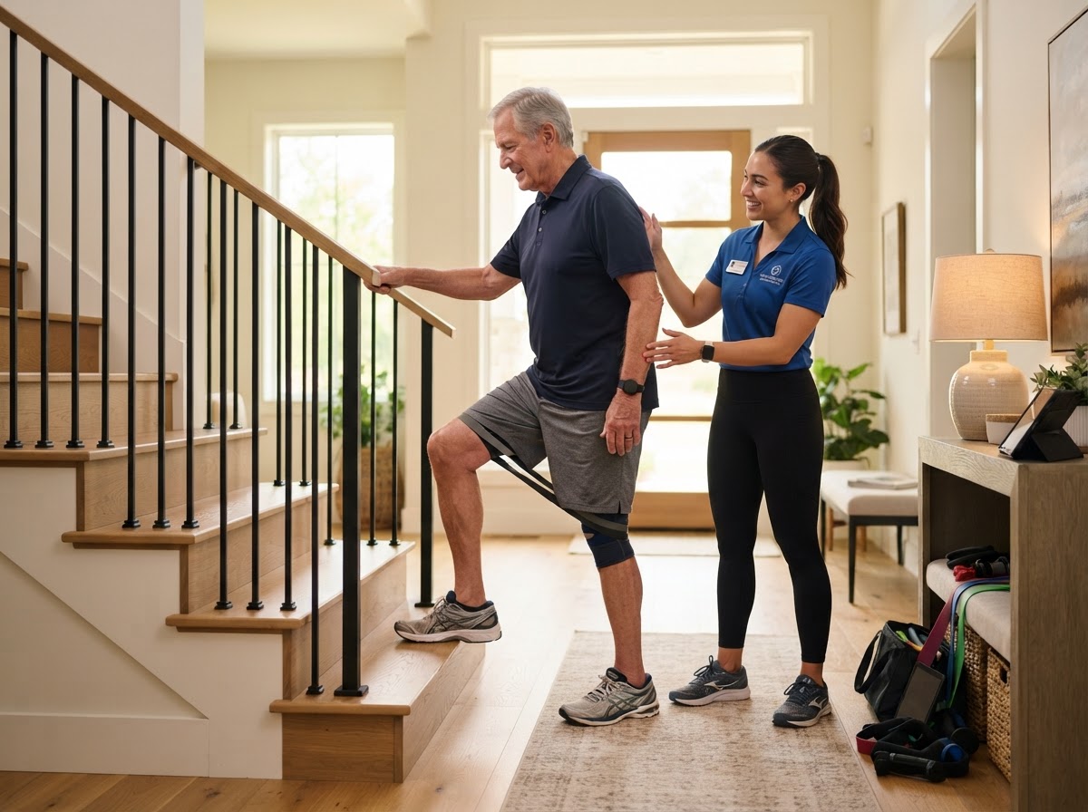 Physical therapist guiding an older adult man through leg strengthening and stair stepping exercises at home for knee pain