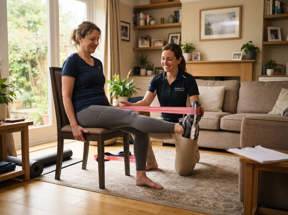 Physical therapist guiding an adult woman through gentle seated leg strengthening exercises during an in-home physical therapy visit for multiple sclerosis