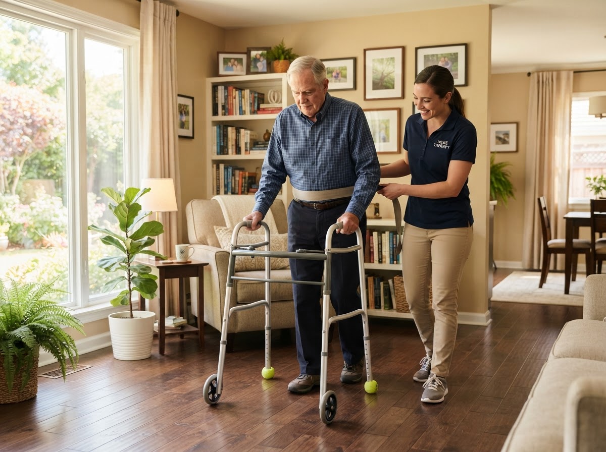 Physical therapist helping an adult practice balance and coordination in a hallway during an in-home visit after a brain injury