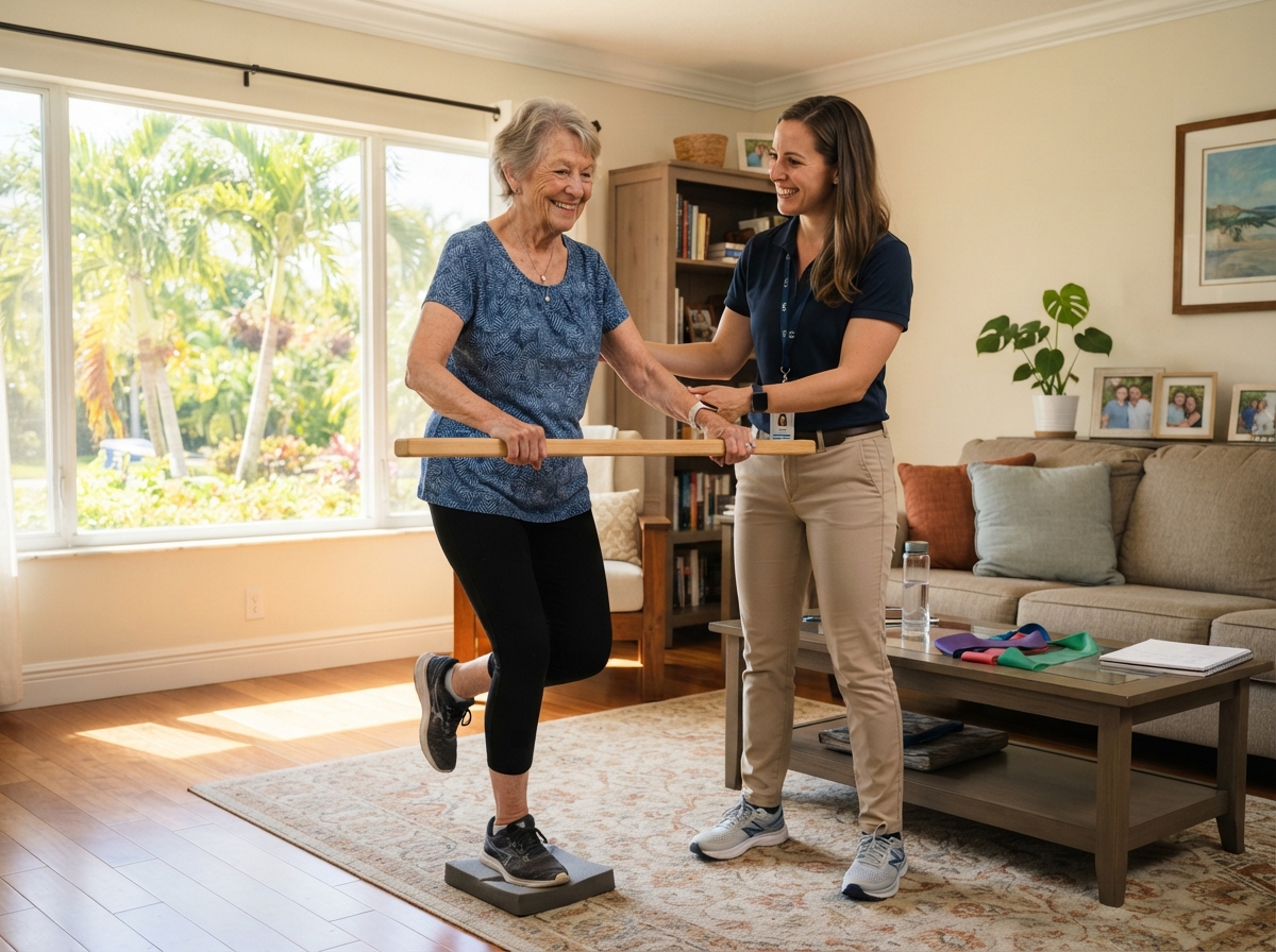 Physical therapist guiding balance exercise at home