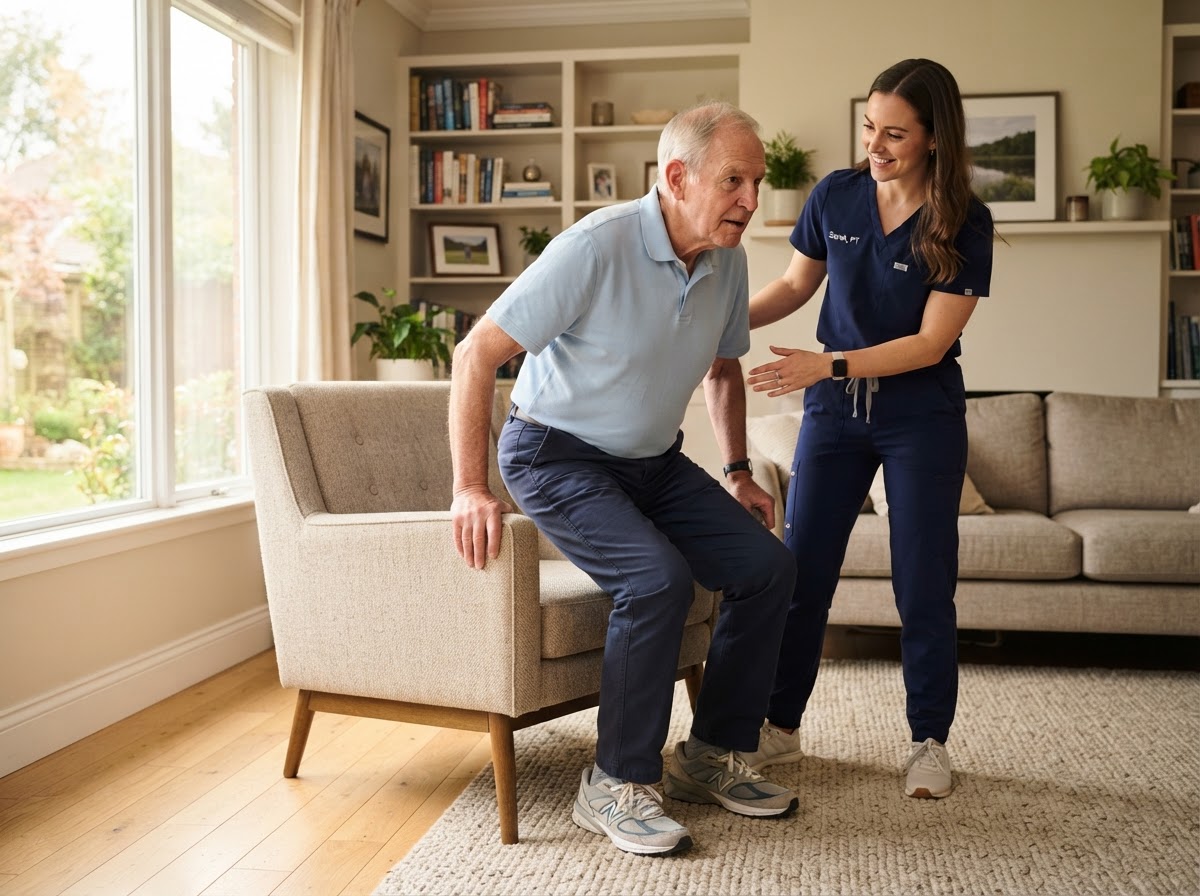 Physical therapist helping an older adult man practice standing up from a chair during an in-home physical therapy visit for arthritis