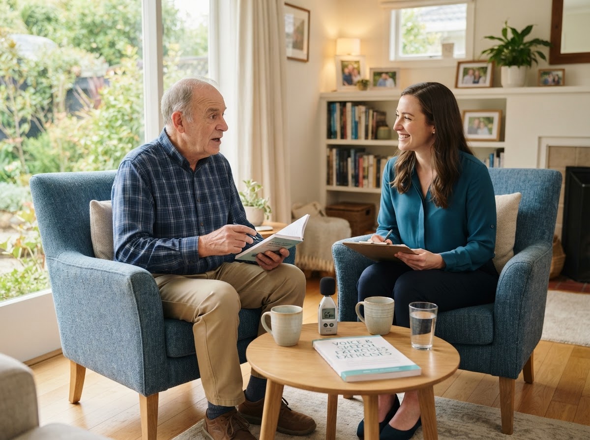 Speech-language pathologist working with an older adult man on voice volume and conversation during an in-home Parkinson's speech therapy visit