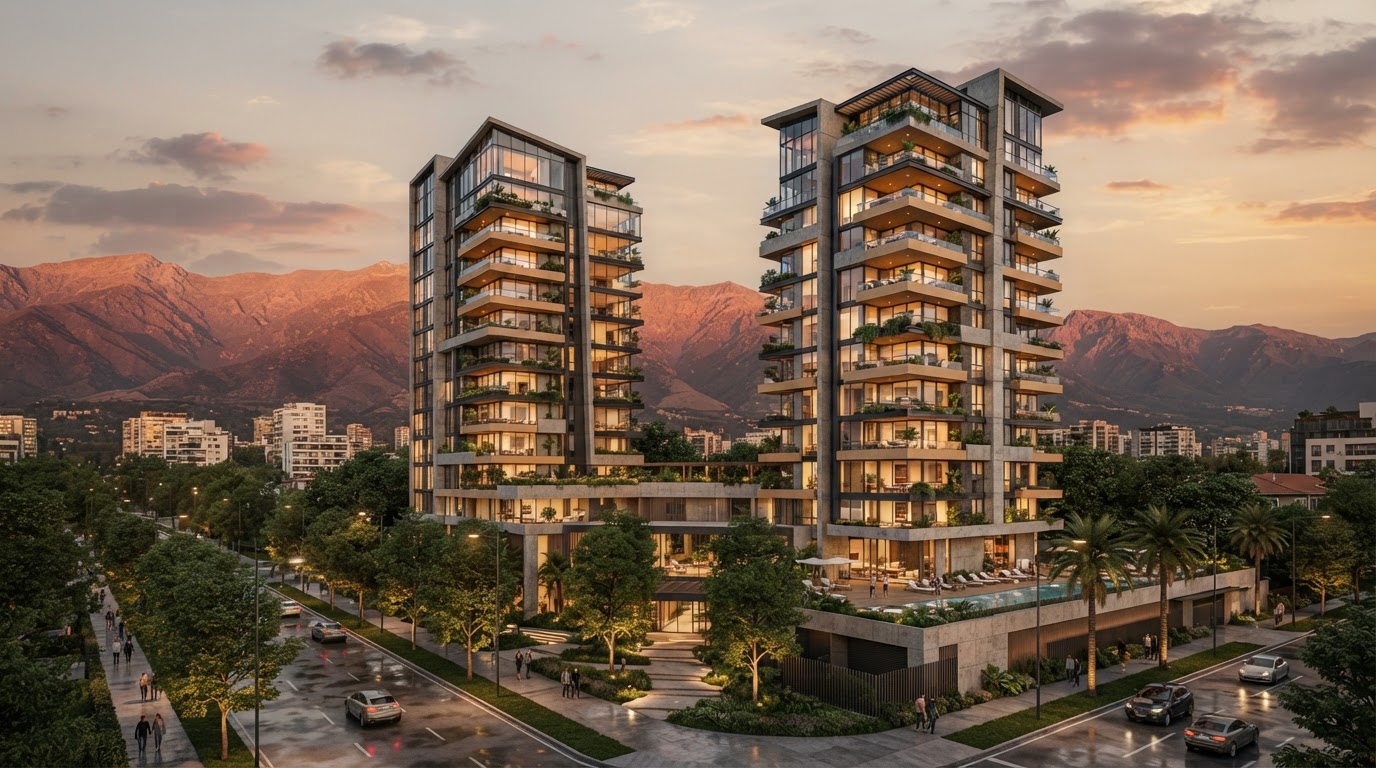 Edificio de departamentos modernos en Santiago de Chile al atardecer