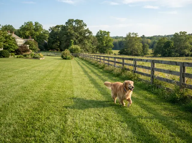 Spacious rural backyard with a dog on fresh green grass and a long wooden fence