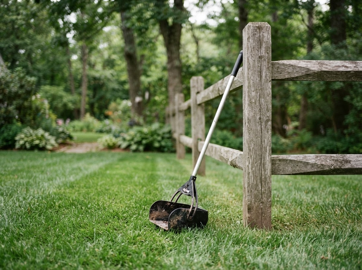A pooper scooper tool resting against a wooden fence post in a clean New England backyard