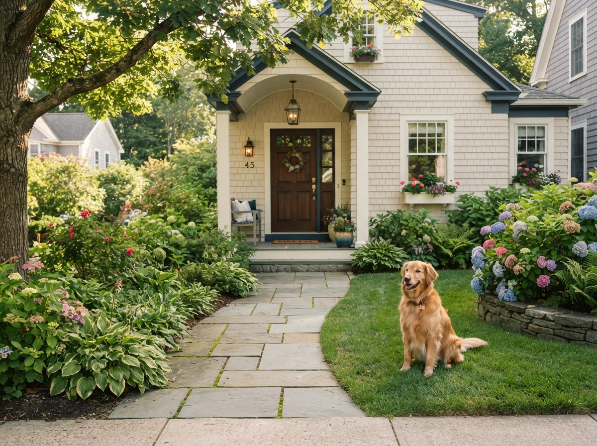 Welcoming front walkway of a clean New England home with a dog nearby and a tidy green yard