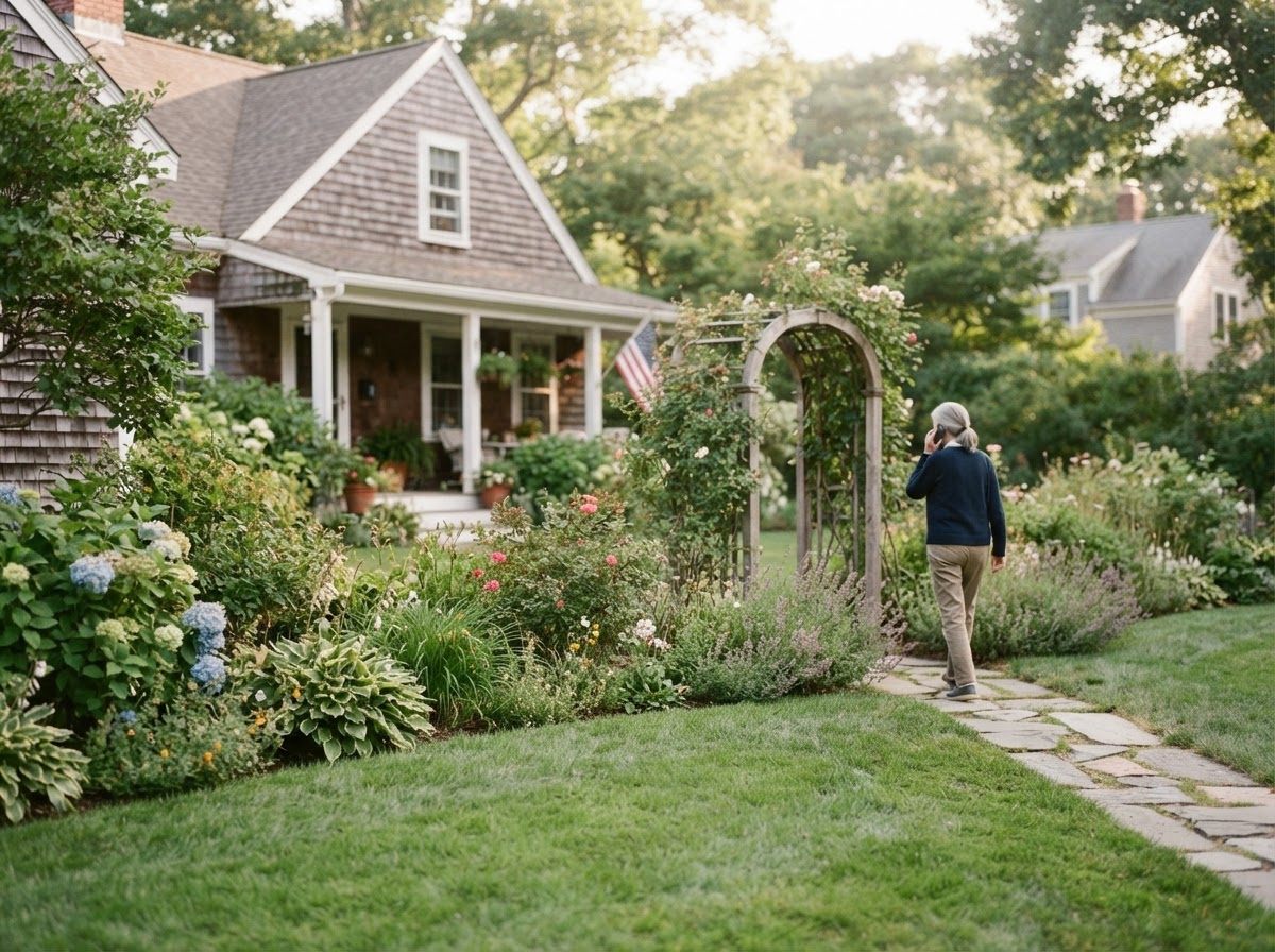 A homeowner on a phone call near a clean lawn and garden in a New England front yard