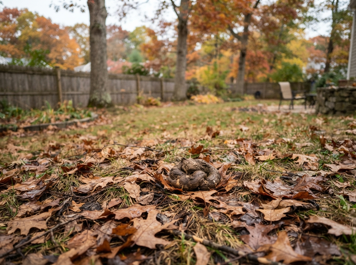 Dried dog waste on autumn leaves in a New England backyard, showing slow decomposition