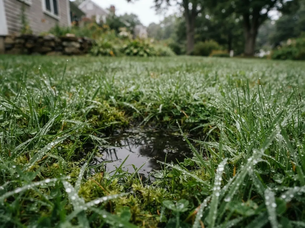 A clean New England backyard with a children's playset on green grass, safe for play