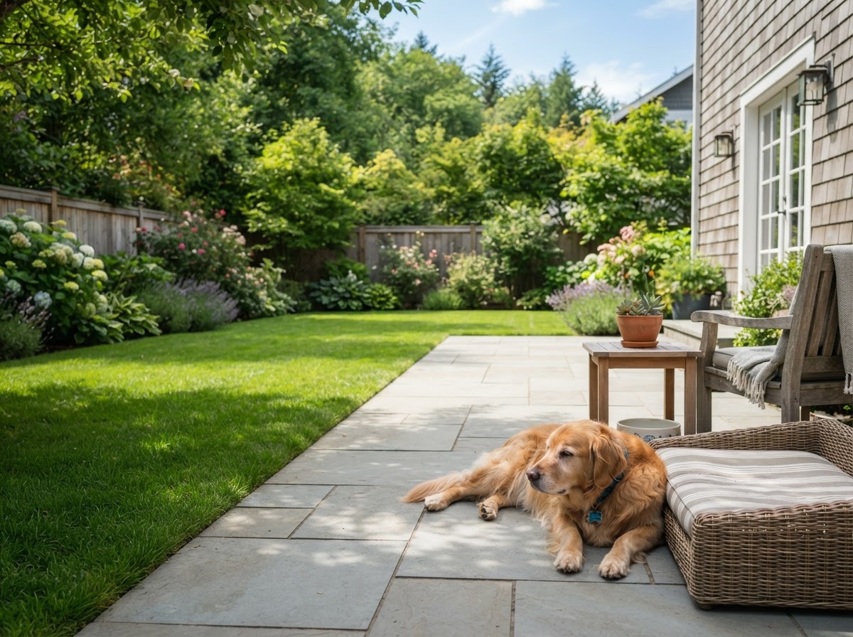 Clean residential yard with a dog resting near a patio on a sunny day