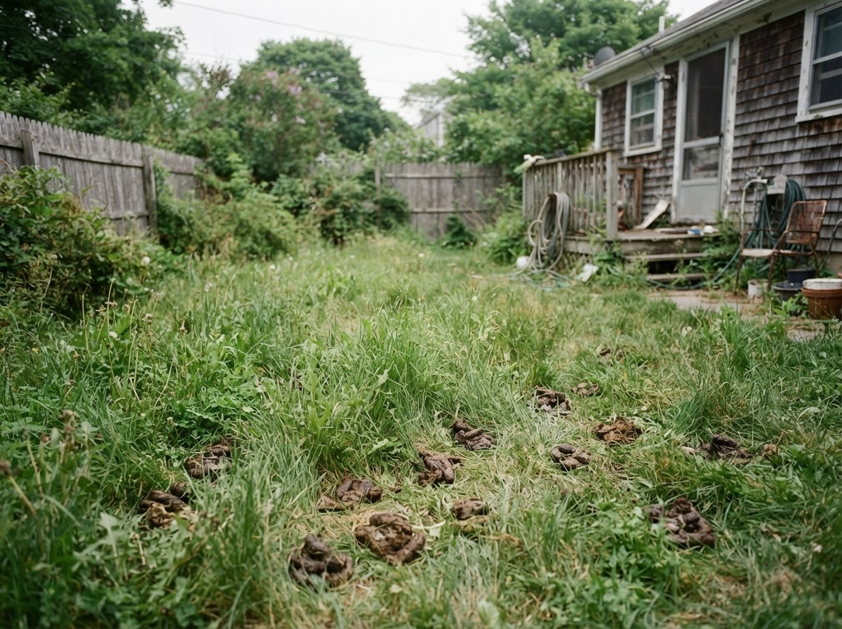 An overgrown neglected New England backyard with weeds and scattered dog waste
