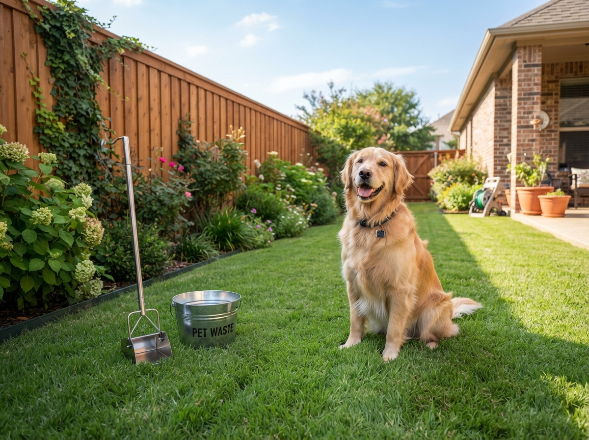 Clean backyard with a happy dog on fresh green grass