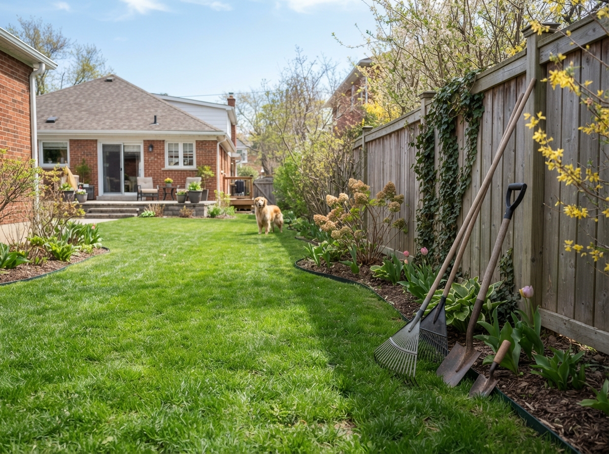 Clean yard in spring with fresh green grass, a rake and cleanup tools, and a dog in the background