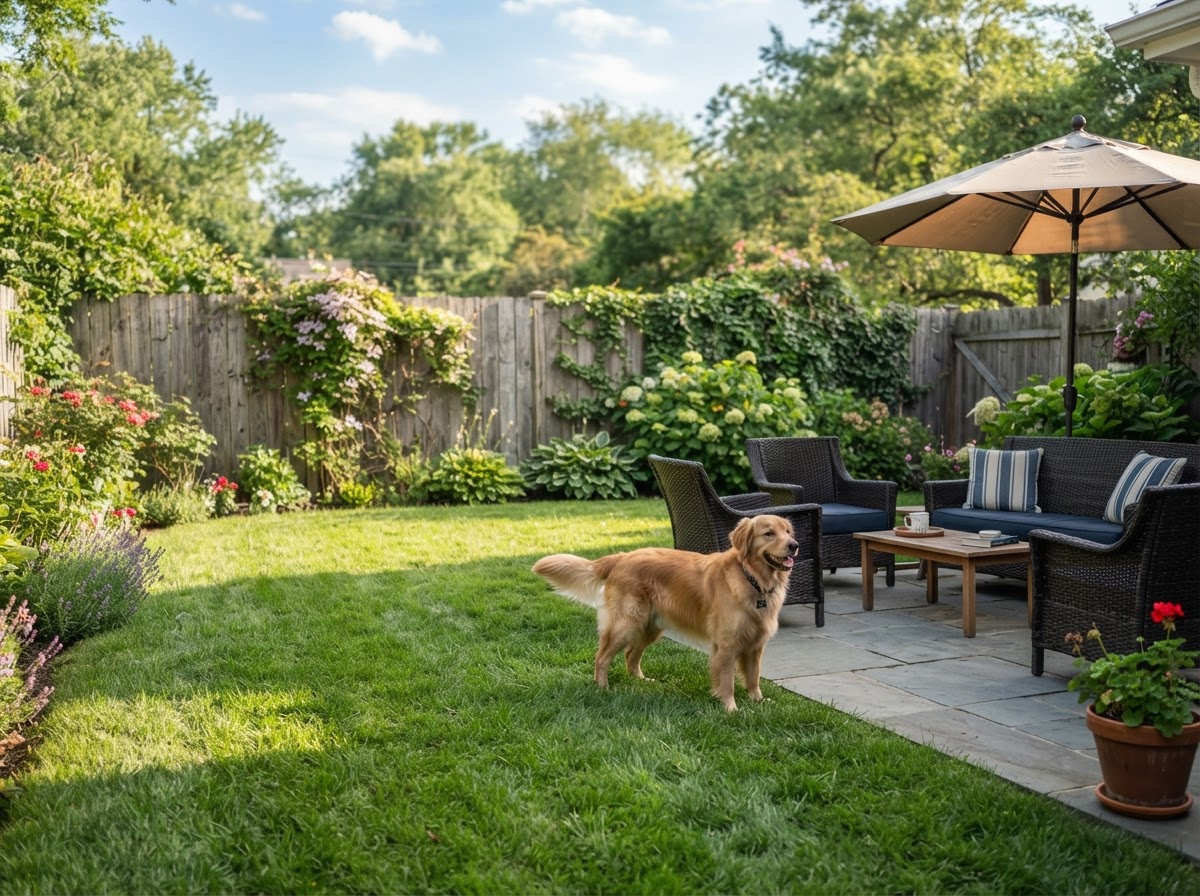 Clean green lawn with a dog near patio seating and a fence line, fresh and airy
