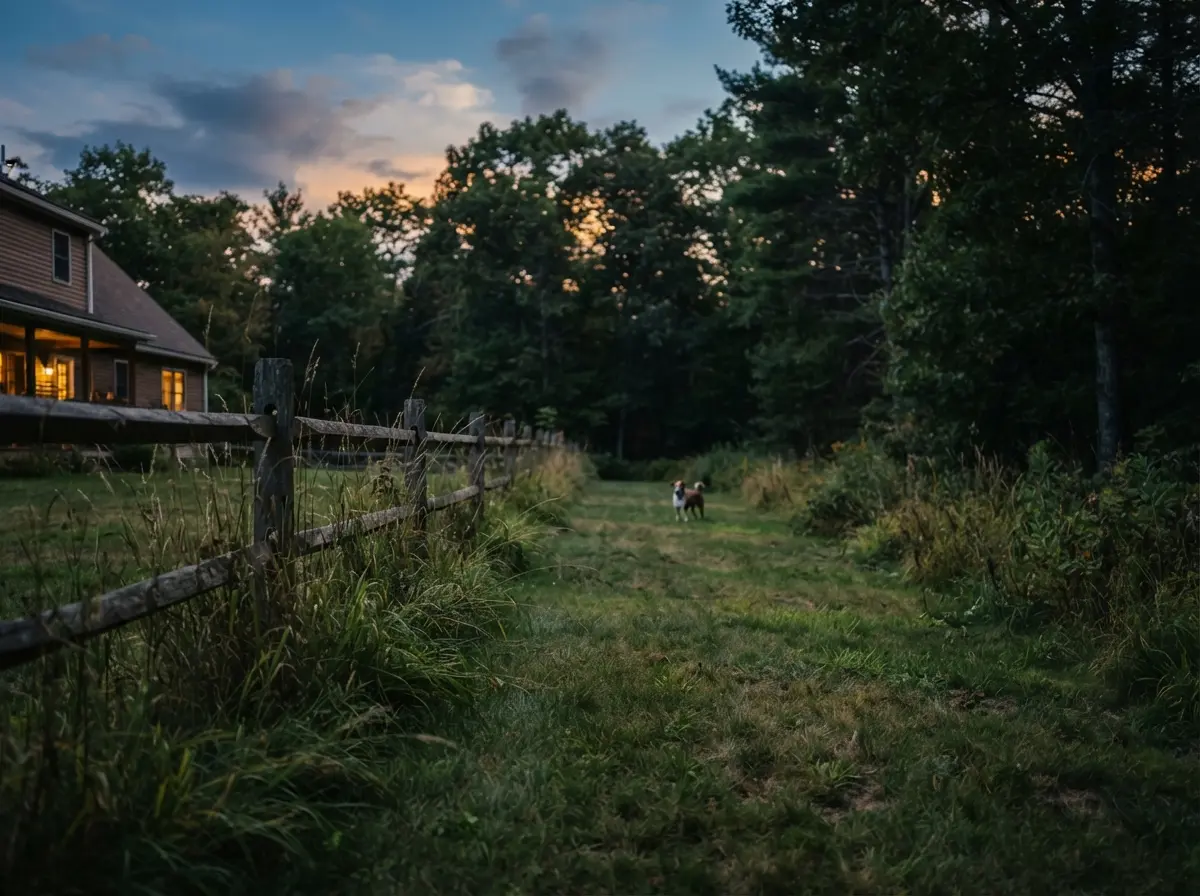 A fenced New England backyard at dusk with a dog visible near the tree line