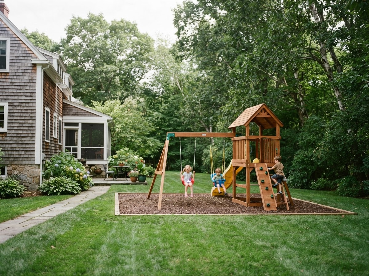 A clean New England backyard with a children's playset on green grass, safe for play