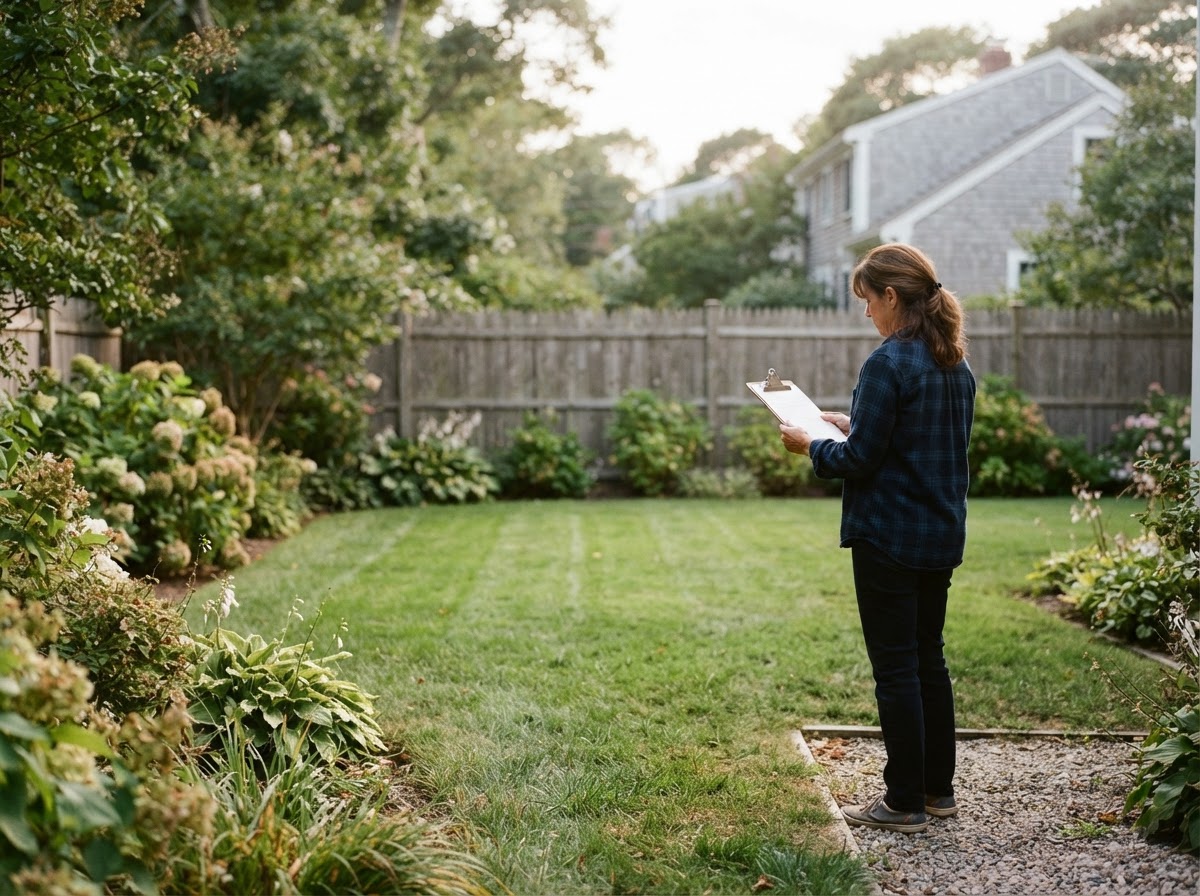 A homeowner reviewing notes on a clipboard near a clean fenced backyard in New England