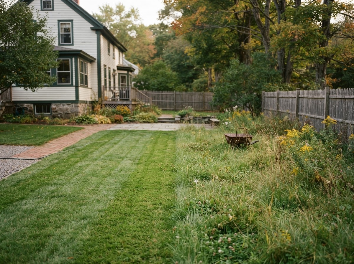 A New England backyard split between freshly mowed clean grass and longer grass, illustrating service frequency