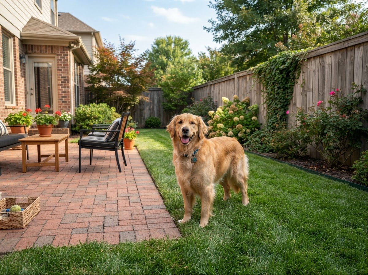 Smaller tidy suburban yard with a dog near a clean brick patio and wooden fence