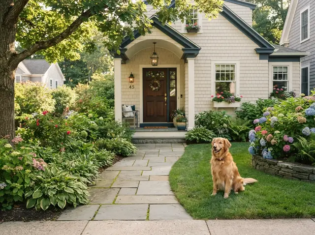 Welcoming front walkway of a clean New England home with a dog nearby and a tidy green yard