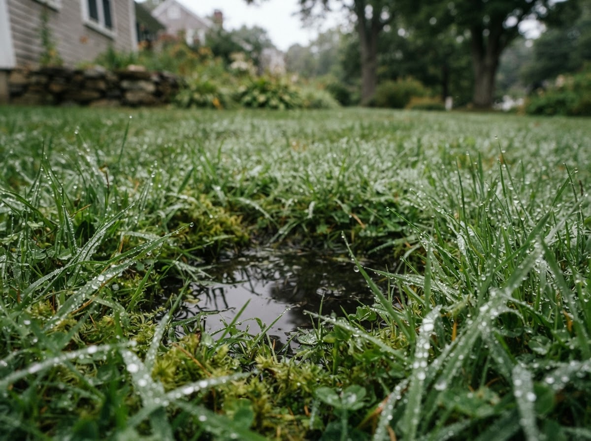 A close-up of a New England lawn with morning dew, showing the soil surface where parasites can persist