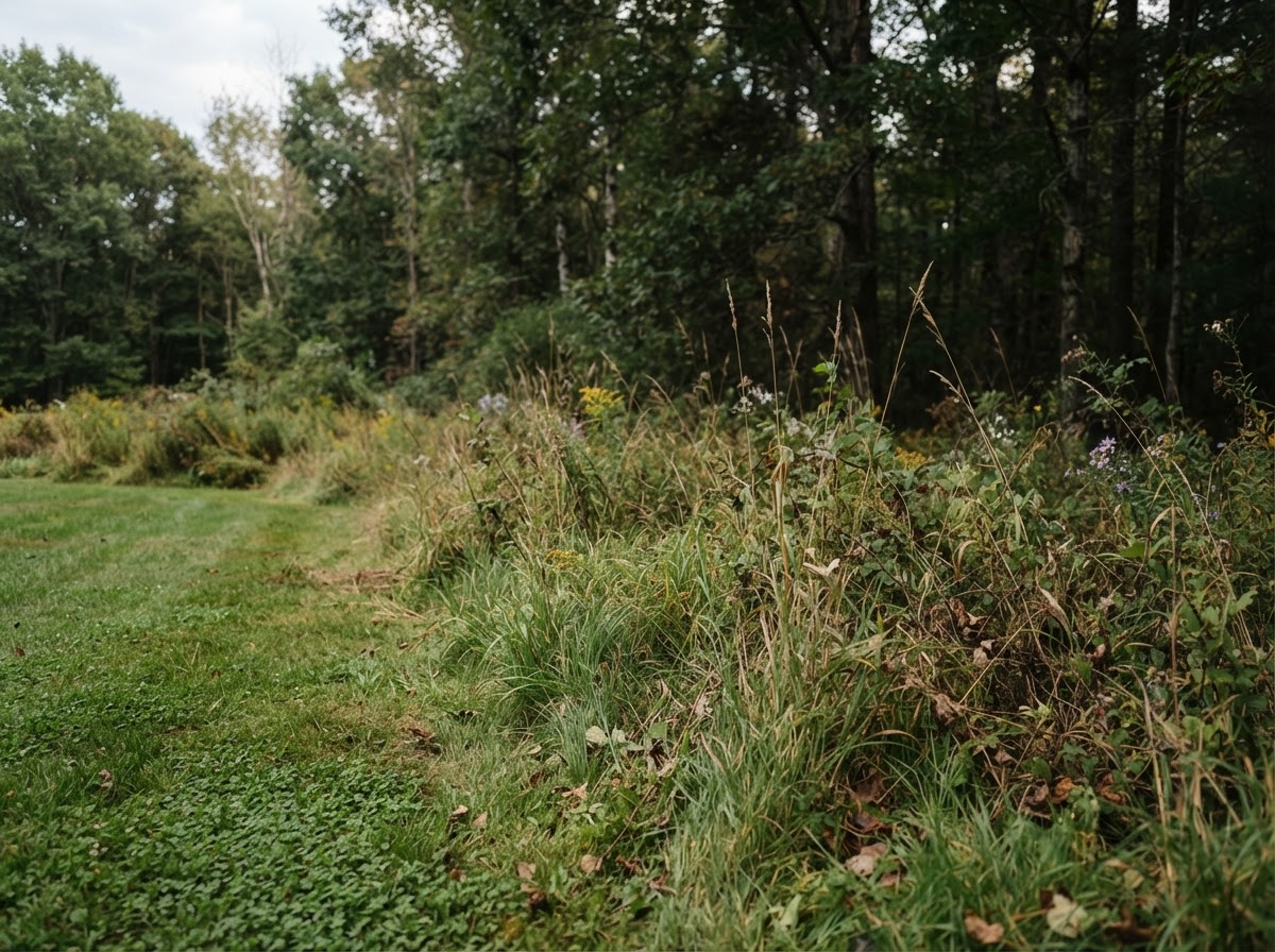 A New England backyard edge where lawn meets tall grass and brush at the tree line, tick habitat