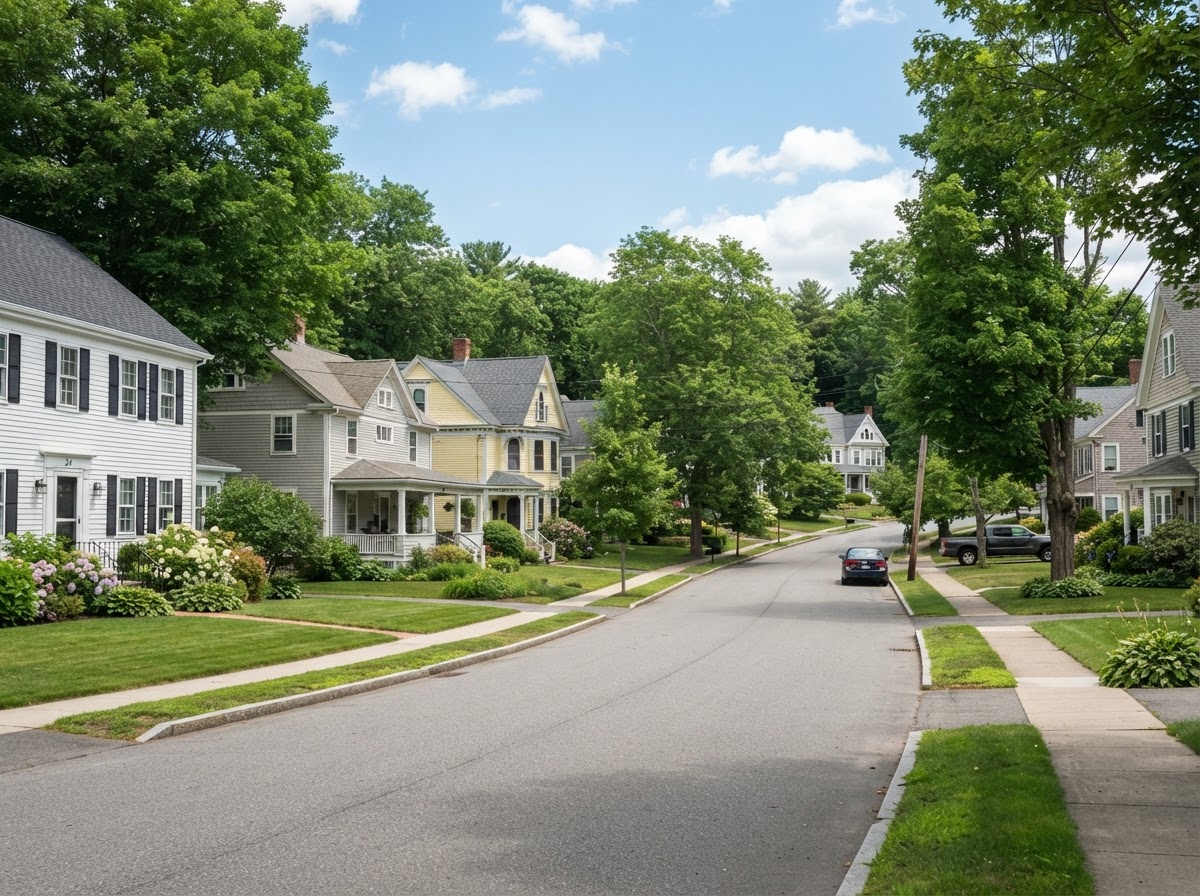 Clean Central Massachusetts residential neighborhood with suburban yards and trees