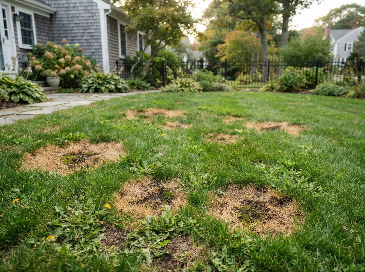 A New England lawn with brown burn patches caused by dog waste, surrounded by healthy green grass