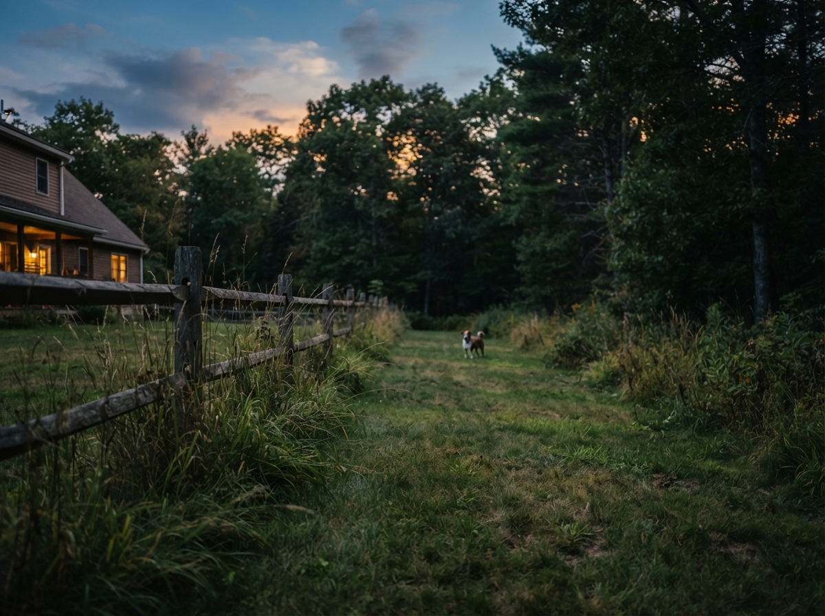 A fenced New England backyard at dusk with a dog visible near the tree line