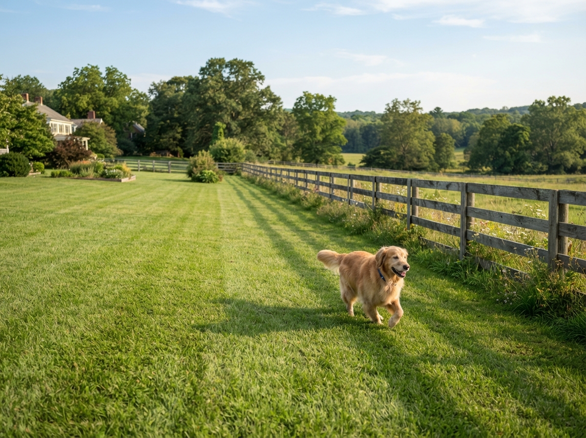 Spacious rural backyard with a dog on fresh green grass and a long wooden fence