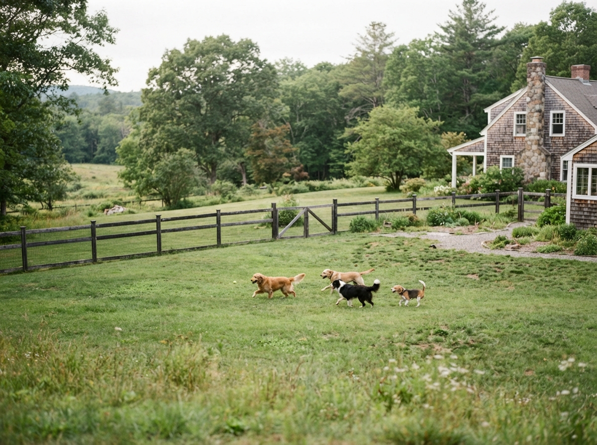 A large New England backyard with multiple dogs visible at a distance on green fenced grass