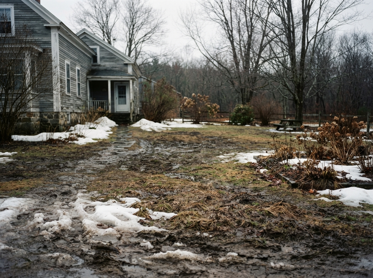 A New England yard in early spring thaw with melting snow patches and bare brown grass