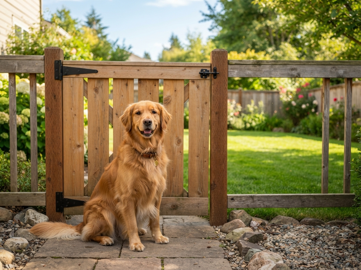 Friendly dog sitting near a clean yard gate on a sunny day