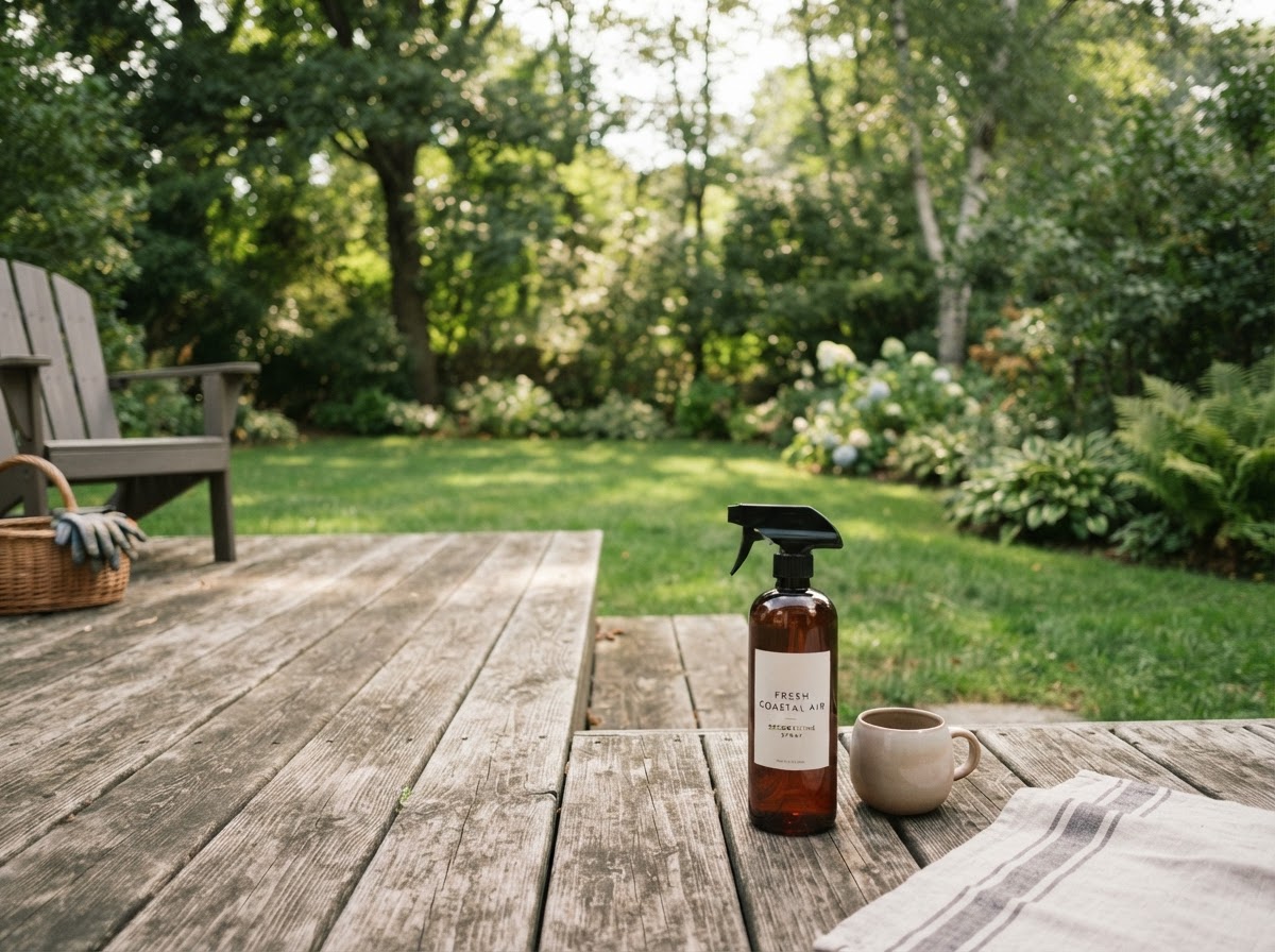 A New England backyard patio with a deodorizing spray bottle on a wooden deck overlooking a green lawn