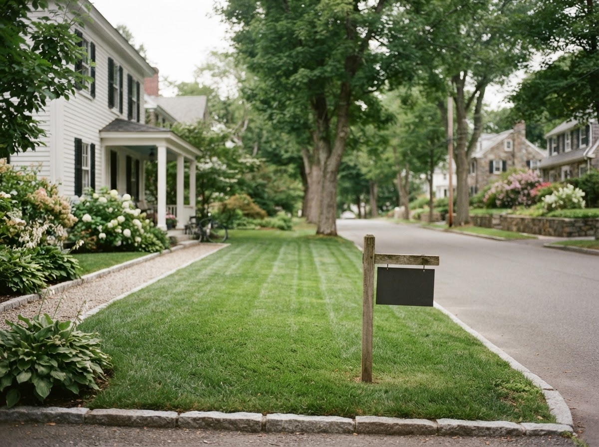 A well-kept suburban New England neighborhood street with a clean lawn and sidewalk