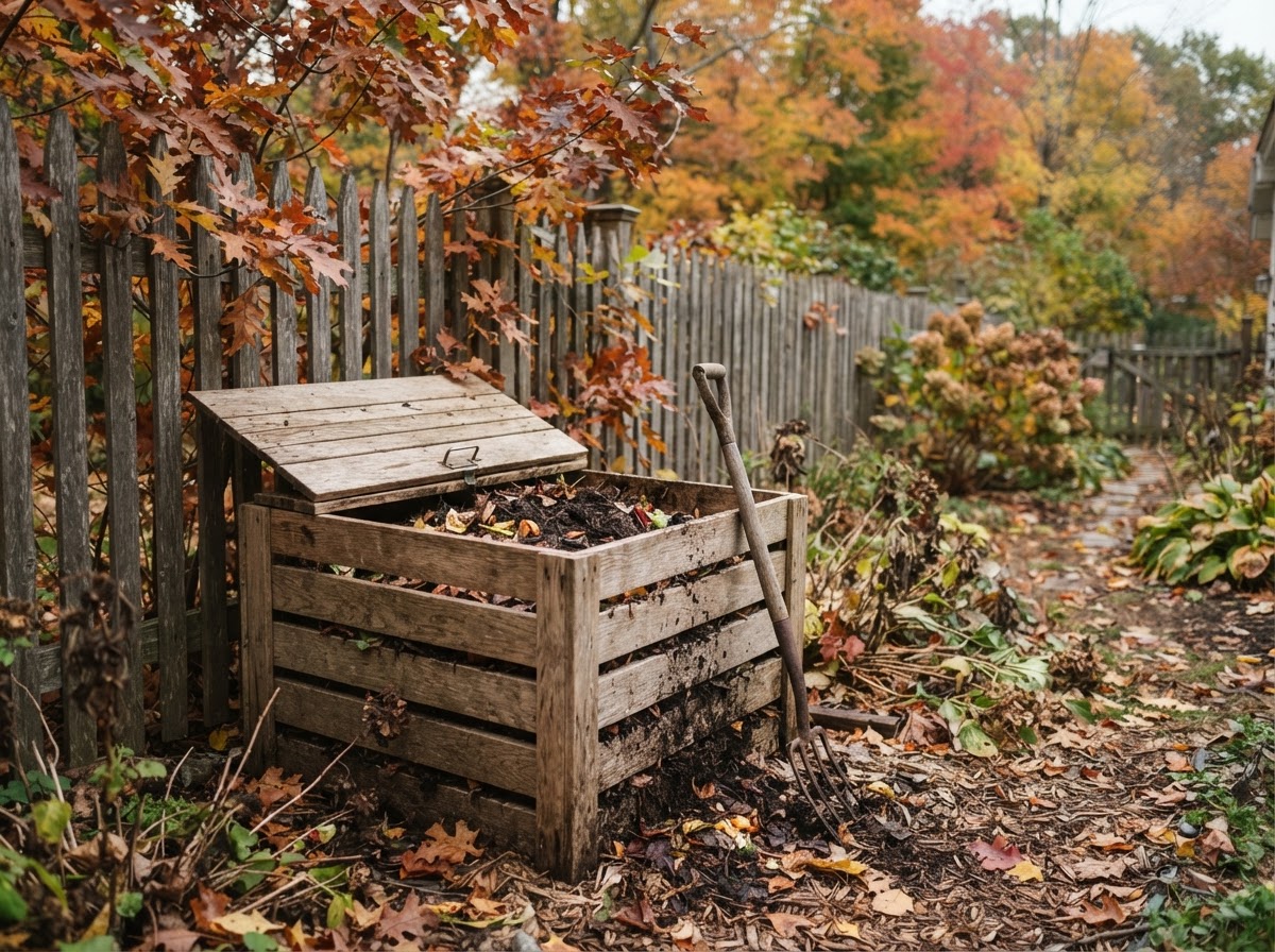 An outdoor compost bin in a New England backyard garden surrounded by autumn leaves