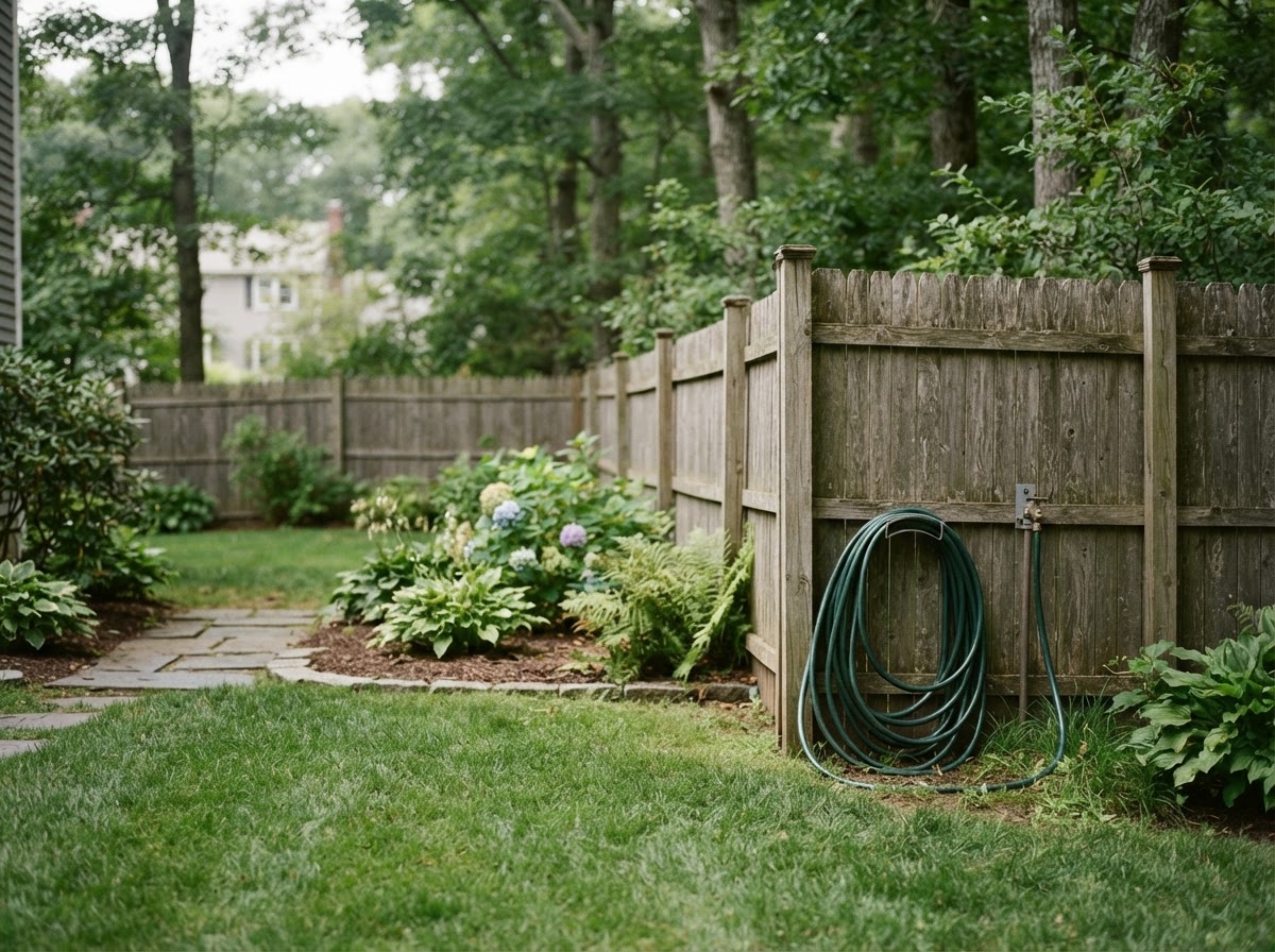 A clean well-maintained New England backyard with green grass and a wooden fence