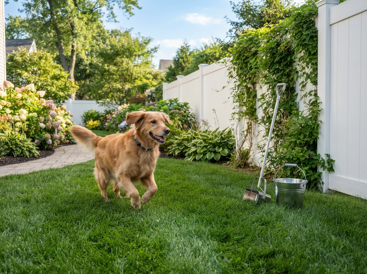 Clean residential backyard with a happy dog, scooper bucket, and freshly maintained lawn
